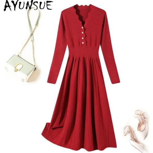 AYUNSUE Long Knitted Dress Women Fashion High Waist Dress 2021 Red Autumn Winter Elegant Sweater Dresses Long Sleeve Ropa Mujer