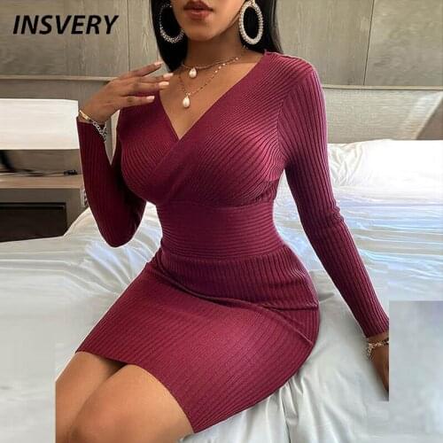 Elegant V Neck Dresses For Women Solid Wrap Knitted Dress Women Autumn Long Sleeve Party Dress Red Bodycon Short Dress 2021
