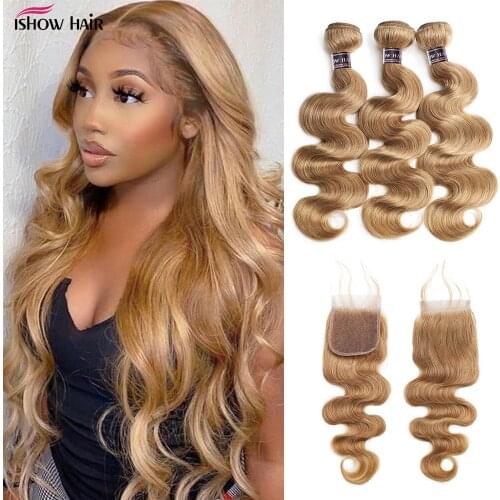 Ishow Ombre Bundles With Closure 27# Brown Color Bundles With Closure Body Wave Light Brown Human Hair Bundles With Closure