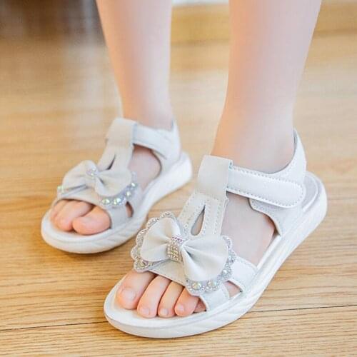 Summer Little Girls Sandals Soft Bottom PVC Bowknot White Pink Sequins Princess Beach Sandals Shoe New Children 5 10 8 12 Years
