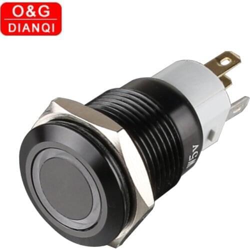 2pcs/lot 16mm Black Metal Push Button Swich Flat Head Waterproof Push Button Momentary Button Switch Ring Led with Free Socket