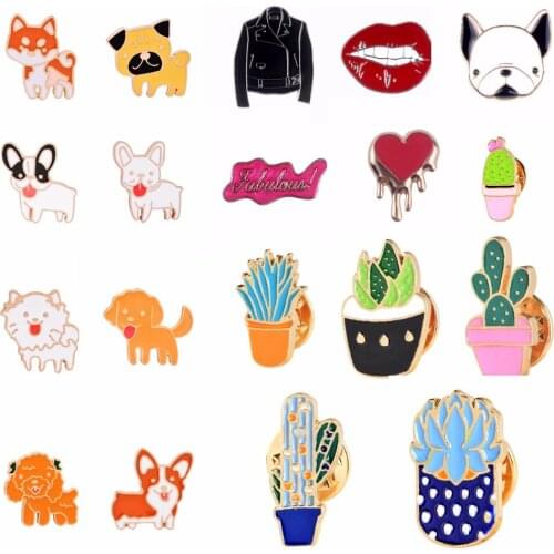 Cute Cartoon Puppy Dog Animals Brooches Enamel Plant Potted Cactus Brooch Pin Denim Jacket Button Badge Collar Women Men Jewelry