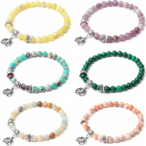 Fashion Women Bracelet Lotus OM Buddha Charm Yoga Bracelet Natural Stone Handmade 6mm Creative Simplicity Elastic Bracelets Gift