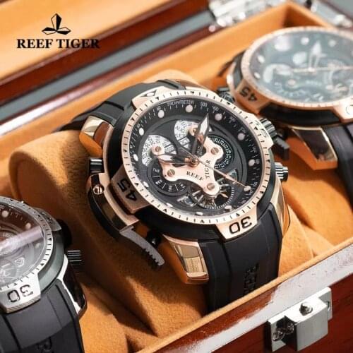Reef Tiger/RT Mens Sport Tourbillon Mechanical Watch Rubber Strap Perpetual Calendar 100M Waterproof Automatic Military Watch