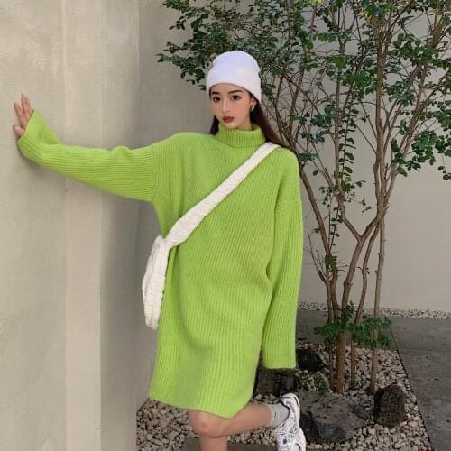 Autumn Winter Turtleneck Sweaters Women Korean Loose Slit Long Sweater Green Long Sleeve Thick Warm Knitted Tops
