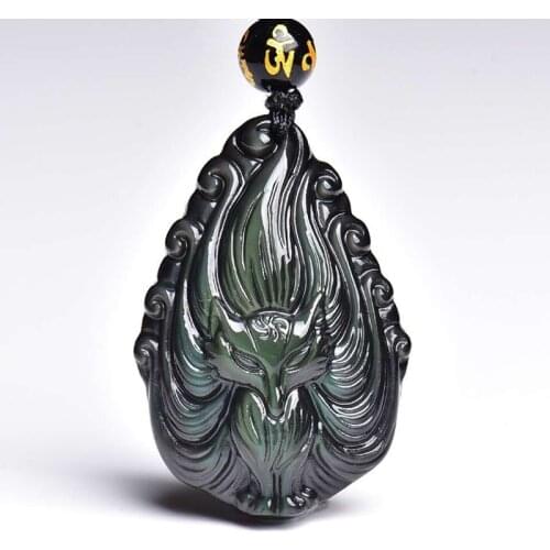 Feng Shui Three-dimensional Natural Obsidian Stone Pendant Nine Tails Fox Pendants Lucky For Women Men Fashion Necklace Jewelry