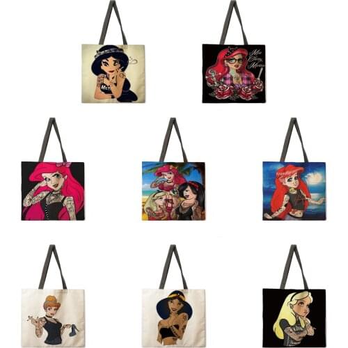 Anime beauty linen fabric casual tote bag foldable shopping bag reusable beach bag lady shoulder bag