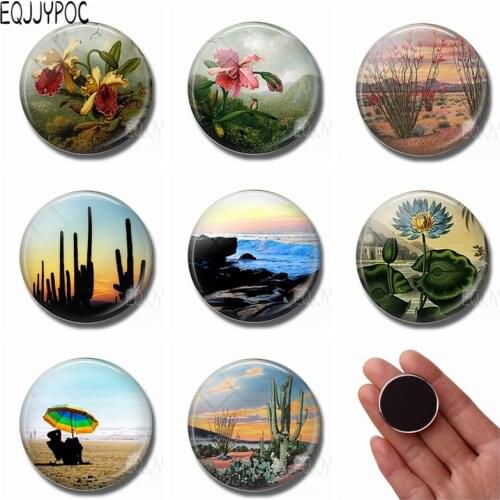 Desert Cactus and Beach Natural Scenery 30 MM Glass Fridge Magnet Flower Lotus Orchid Magnetic Stickers for Refrigerator Decor