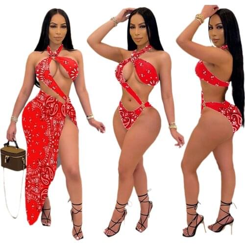 S-2XL Print Swimsuit Two-piece Suit Sexy Ladies Backless Elegant Casual Beach Swimsuit 2021 Summer New Fashion Irregular Skirt