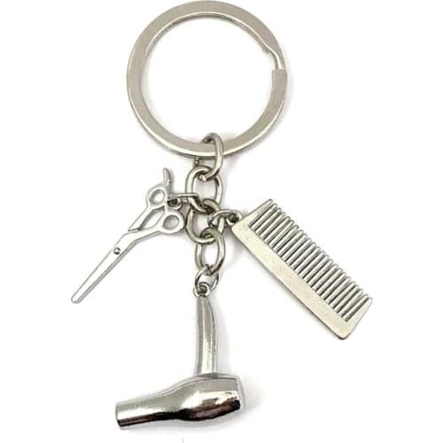 New Personality Hairbrush Comb Scissors Pendant Keychain Hair Tools Hairdresser Scissors Blow Hair Salon Creative Jewelry Gift
