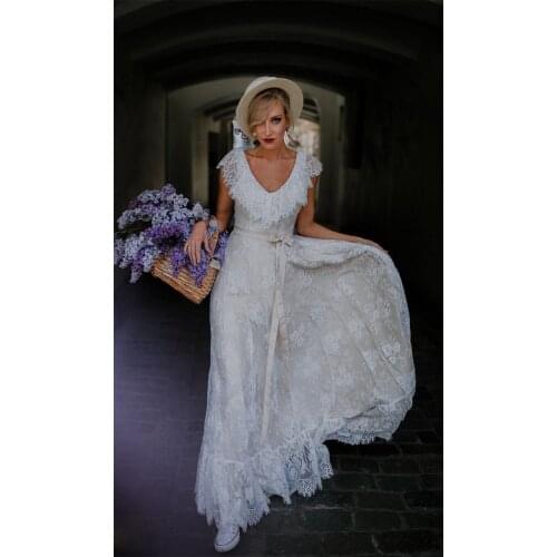 11185#V-Neck Sleeveless Bridal Dress Floor Length Lace Open Back Bohemian Boho Beach Wedding Dress Wedding Gown Bridal Gown