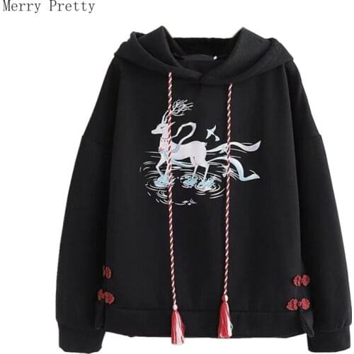 Balck Cartoon Print Hooded Sweatshirts For Women Casual Drawstring Pullover 2021 New Arrival Thick Cotton Hoodie For Female Girl