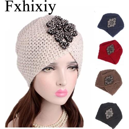 Muslim Women Cross Rhinestone Winter Warm Wool Knit Turban Hat Sleep Cancer Chemo Beanie Headwear Headwrap Hair Accessories