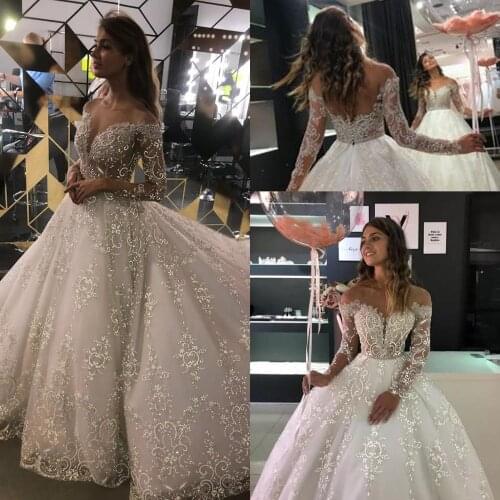 YIWUMENSA Arabic Aso Ebi African Ball Gown Bridal Long Sleeves O Neck Lace Appliques Elegant Embroidery Wedding Dresses 2021