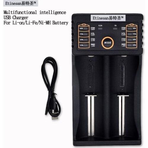Etinesan 2 Slot USB Battery 18650 14500 14550 16340, 17355, 17500, 17670, 18490, Charger For Ni-MH Li-ion LiFePO4 Battery