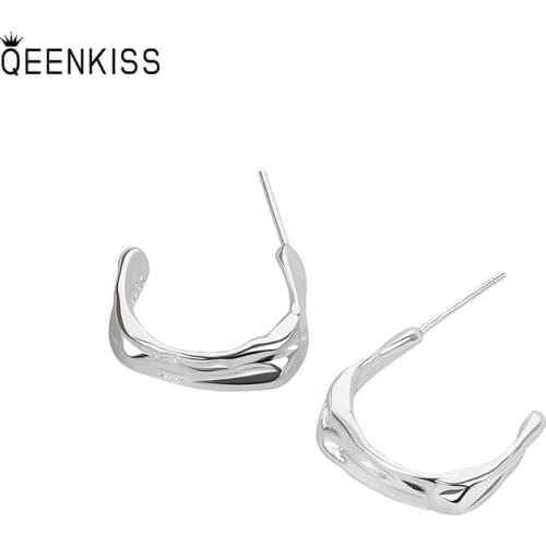 QEENKISS EG6156 Jewelry Wholesale Fashion Woman Girl Birthday Wedding Gift Simple Irregular 925 Sterling Silver Hoop Earrings