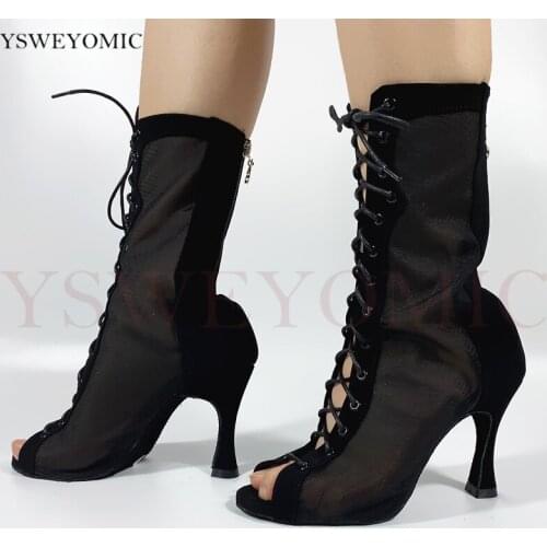 2020 Women Mesh High Boots Dance Shoes Suede Outsole Black Nubuck Leather Salsa Latin Dance Shoes With Factory Price