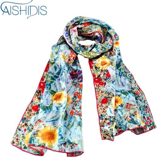 Women Long Silk sunflower Scarf Elegant Oil Painting Flowers Scarves Shawls Handmade Rolled Edge Scarf Retail