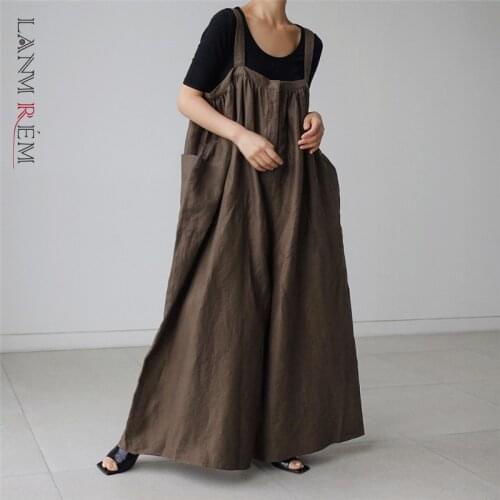 LANMREM Wide Leg Trouser Fashion Linen Suspenders Jumpsuit Casual Loose Women Summer Jumpsuits With Pockets 2D1740