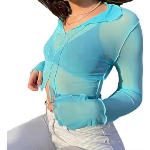2021 Fashion Women Sexy Blue Sheer Mesh Crop Tops Long Sleeve V Neck Solid Color See Through T-Shirt Beach Bikini Cover Ups