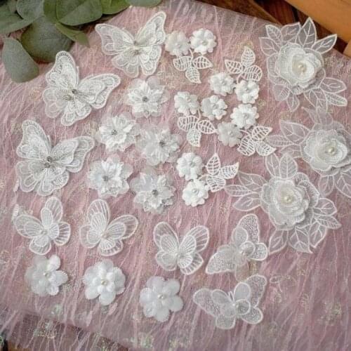 2PCS Crystal Pearls Beaded Butterfly Sewing On Flowers Patches Lace Applique For Wedding Dress, Bridal Veil Hair Accessories DIY