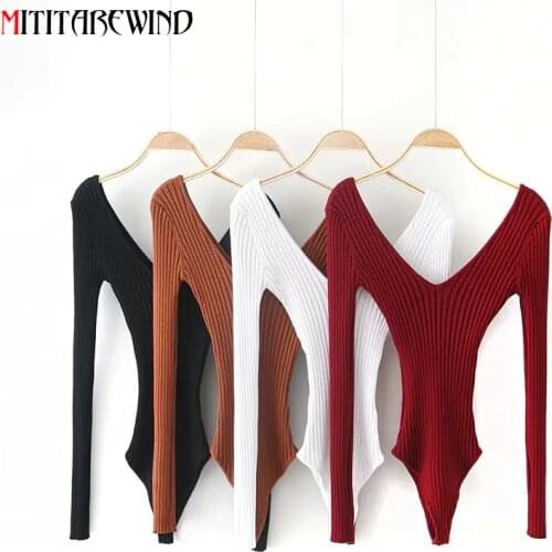 One-piece Sexy Double Deep V-neck Bodysuit Women Spring Autumn Retro Knitwear Long Sleeve Solid Color Sweater Jumpsuit Romper