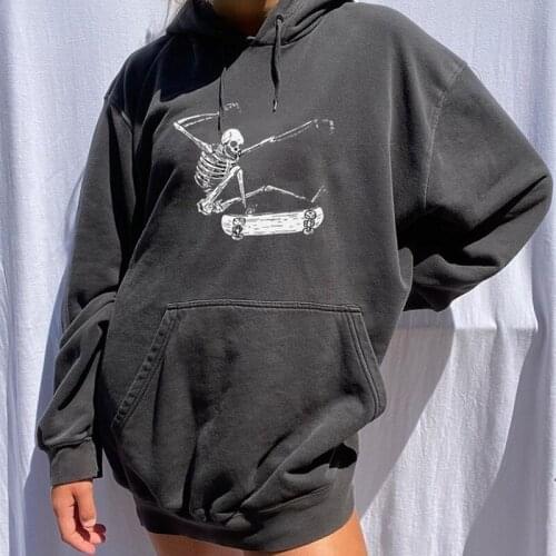 Skull Scooter Print Black High Street Plus Size Hoodies Women Oversized Sweatshirt Pocket Drawstring Winter Warm England Fashion