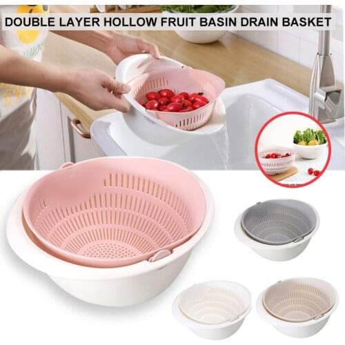 Kitchen Double Drain Basket Bowl Washing Storage Basket Strainers Bowls Drainer Vegetable Detachable Cleaning Colander Tool