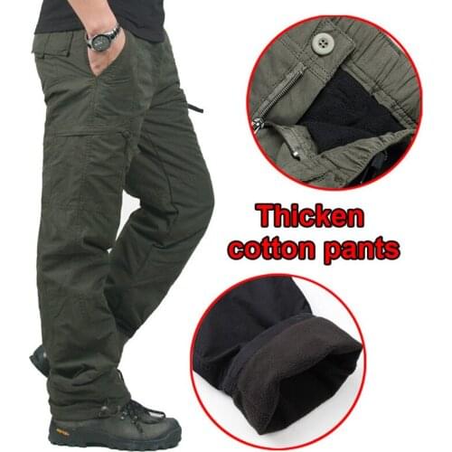 Mens Winter Fleece Trousers Thick Warm Tactical Pants Outdoor Fishing Camping Riding Warm Loose Cotton Multi-Pocket Trousers