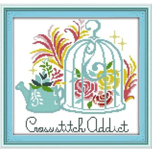 The bird cage and the teapot cross stitch kit aida 18ct 14ct 11ct cloth counted printed canvas set stitches embroidery handmade