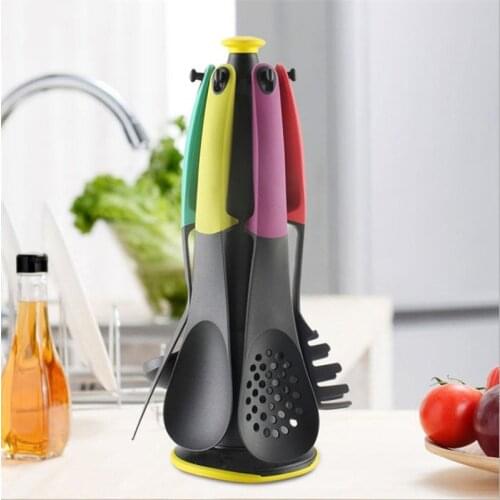 6pcs/set New Nylon Cooking Utensils Set Non-stick Flat Spatula Soup Colander With Stand Rack Holder Kitchenware for Cooking Tool