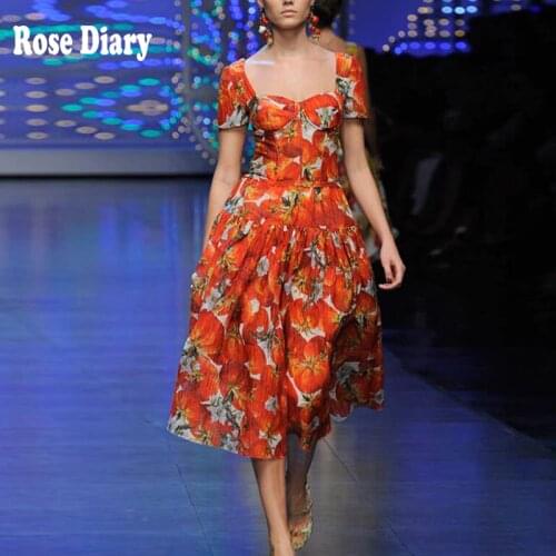 RoseDiary Runway Fashion Tomato Red Floral Elegant Party Dinner Dresses Women Retro Square Collar Largo Vestidos Zaful Tide Chic