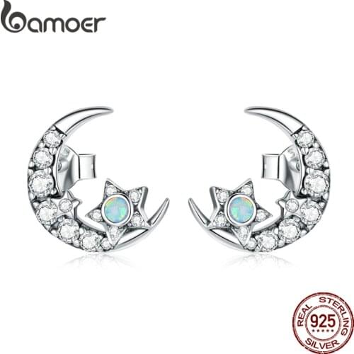 Bamoer Silver Shiny Dazzling Moon Star Earrings Blue Opal Zircon Stud Earrings Korean Fashion Jewelry Gift Engagement SCE1157