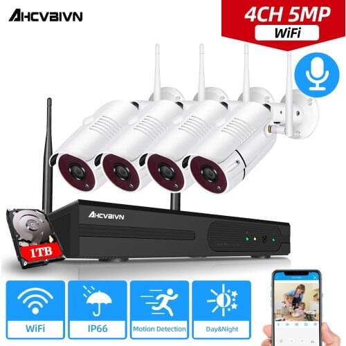 4Channel 5MP Wireless WIFI CCTV System 4CH NVR Kit H.265+ 4Pcs Outdoor IP66 Security IP Bullet Camera P2P Video Surveillance Set