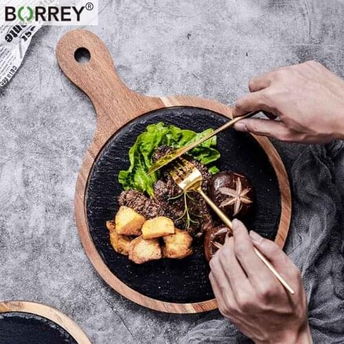 BORREY Hot Lava Stone Steak Plate Premium Acacia Sushi Pizza Tray Serving Board For Cooking Steak Salmon Slab Food Platter Set