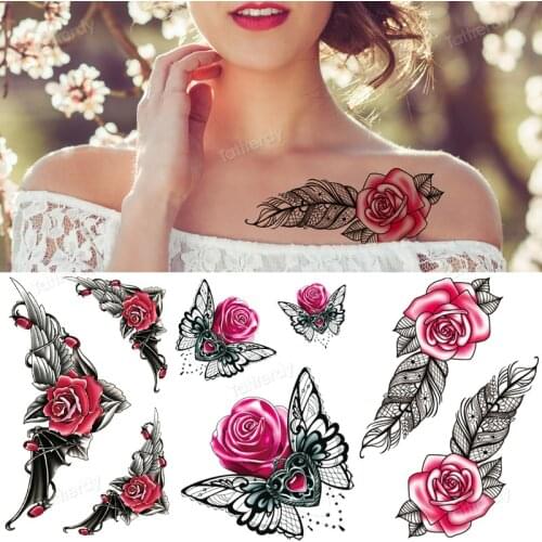 Waterproof temporary tattoos rose flower fake henna tatoo women girls body art breast shoulder tattoo sticker butterfly leaves