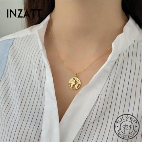 INZATT Unique Design Hollow Round World Map Bohemia Pendant Necklace 100% 925 Sterling Silver Fine Jewelry For Women Party Gift