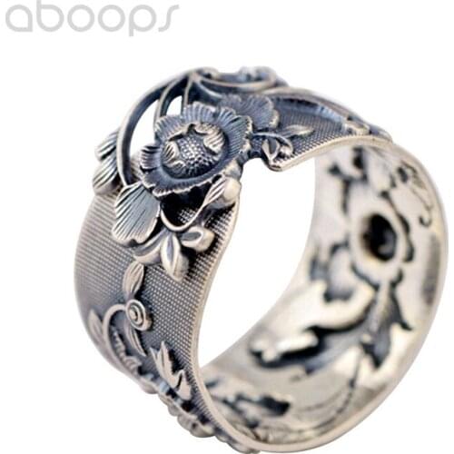 Vintage 990 Sterling Silver Peony Flower Ring for Women Girls,Adjustable Size 8.5-9.5,Free Shipping