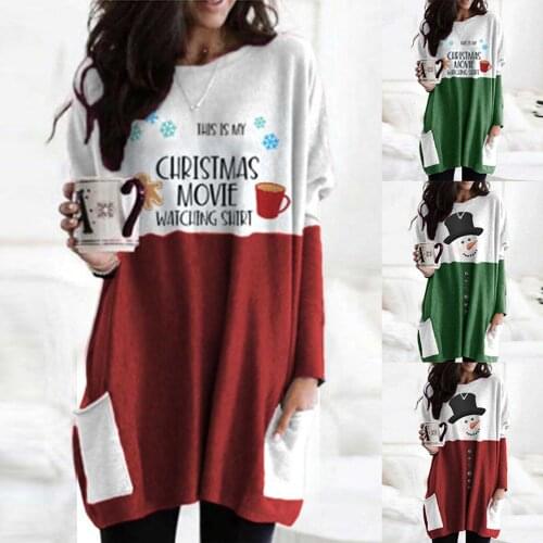 Women Casual Christmas Snowman Snowflake Pocket Long Blouse Party Pullover Dress