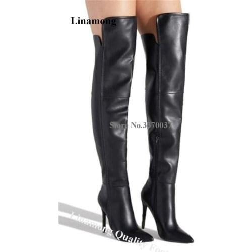 Linamong Women Elegant Pointed Toe Over Knee Stiletto Heel Boots Black Leather Long High Heel Boots Club Dress Shoes Big Size