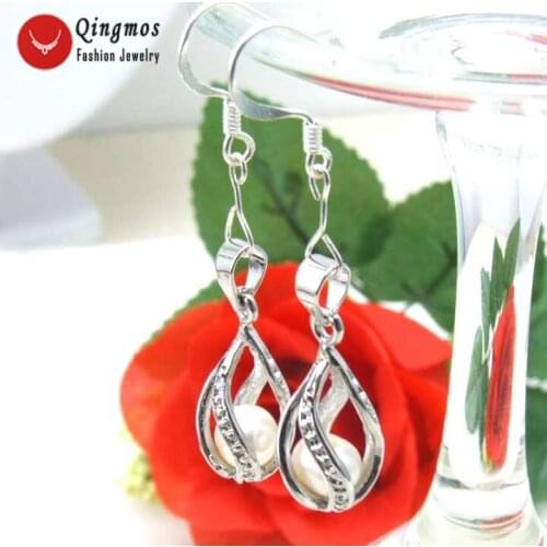 Qingmos Trendy Natural 6-7mm White Pearl Earring for Women with 10mm Helix (drop) Shape Dangle Earring Jewelry 171 Free Shipping