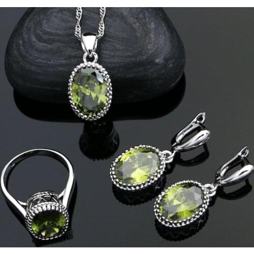 Vintage 925 Sterling Silver Jewelry Sets For Women Olive Green Cubic Zirconia Earrings Ring Necklace Pendant Set