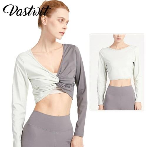 Women Reversible V Neck Long Sleeve Twisted Design Workout Running Gym Yoga Sports Crop Top Casual T-Shirts