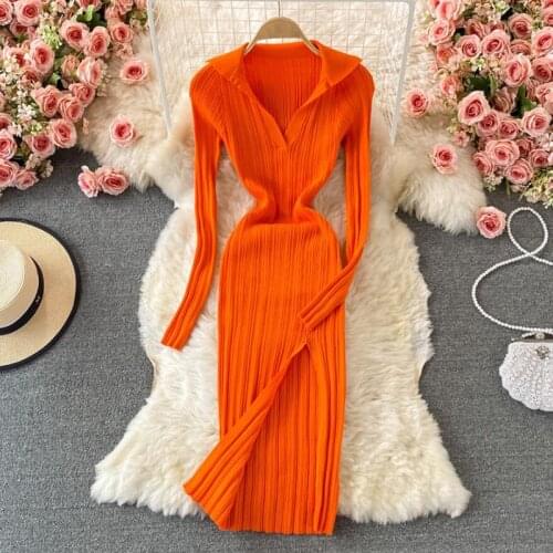 Orange Long Sleeve Elasticity Bodycon Knitted Dress Women Autumn Winter V neck Slim Sexy Split Midi Sweater Dress Vestidos