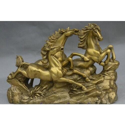 10" Chinese Fengshui Brass Zodiac Year Animal Run Success Three Horses Statue