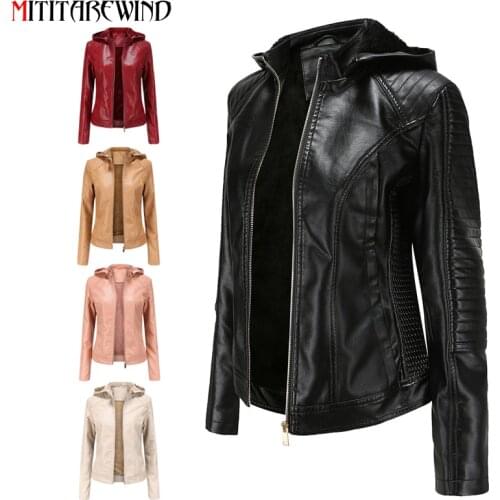 2021 Winter PU Leather Jacket Women Velvet Keep Warm Motorcycle Jacket Hooded Collar Windbreaker Leather Coat Female