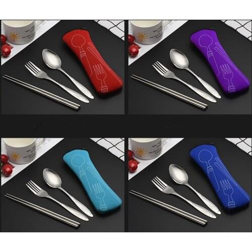 3pcs/set Dinnerware Portable Printed Stainless Steel Spoon Fork Chopsticks Set Travel Cutlery Tableware XB 042