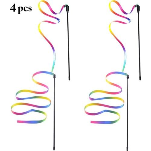 4PCS Rainbow Cat Teaser Wand Funny Pet Training Toy Kitten Teaser Stick Plastic Cat Interactive Toy Pet Supplies Cat Chasing Toy