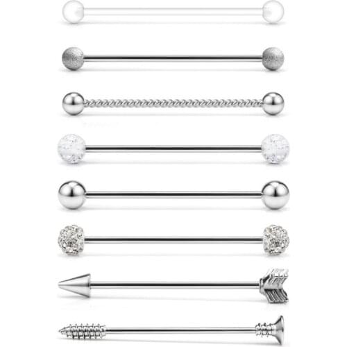 8PCS 14 Gauge Matte Gilitter Braided Ball Arrow Screw Crystal Clear Ball Industrial Barbell Cartilage Earring Body Piercing