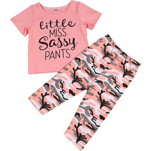 Little Baby Girls 2 PC Outfit Set Short Sleeve Letter Print Round Neck Top Shirt Camouflage Pattern Elastic Band Long Pants Set